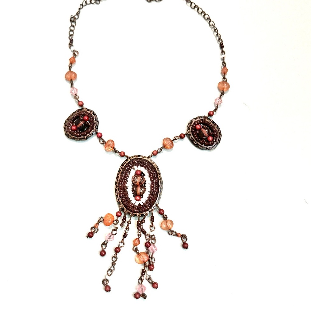 Unique Bronze and Pink Beaded Pendant Necklace